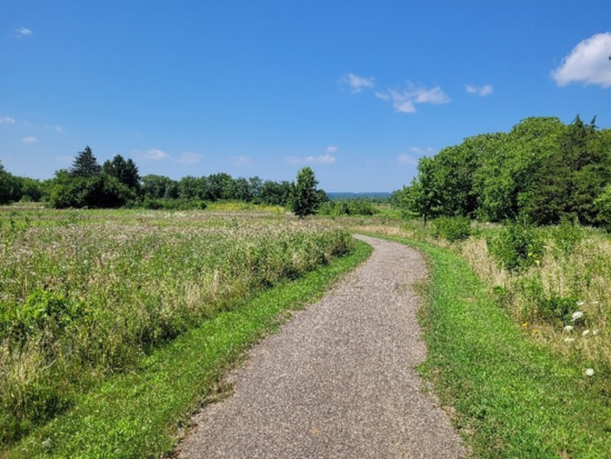 Paved walking path in the meadow of Elk Creek MetroPark